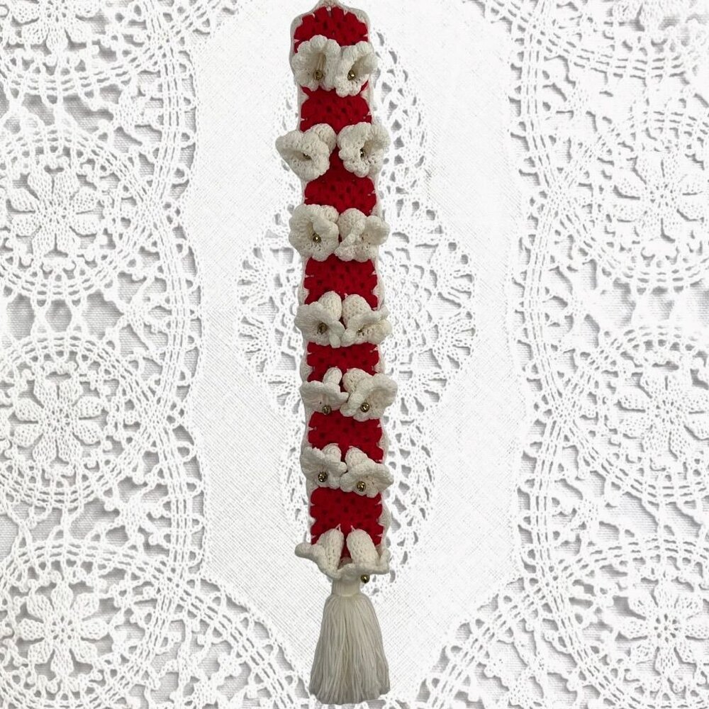 Vintage Handmade Crocheted Christmas Wall Bell Hanger Red White 38"